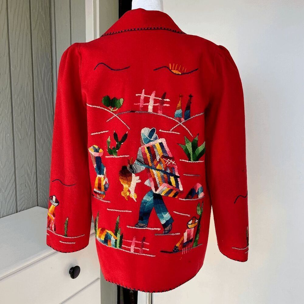 VTG 1940s Mexican Embroidered Wool Jacket Hand-Dyed Yarn, Folk Art, Red Wool S - Picture 12 of 15
